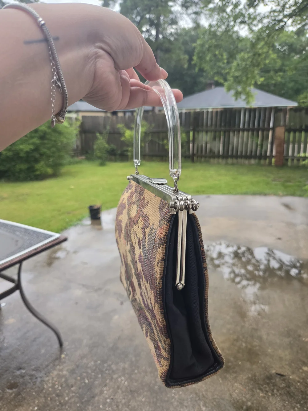 Tapestry Handbag with Clear Top Handle - Brown Floral
